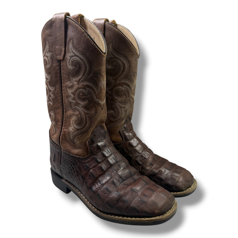 Kids Brown Leather Western Cowboy Boots Square Toe Faux Croc Cody James Size 4 D